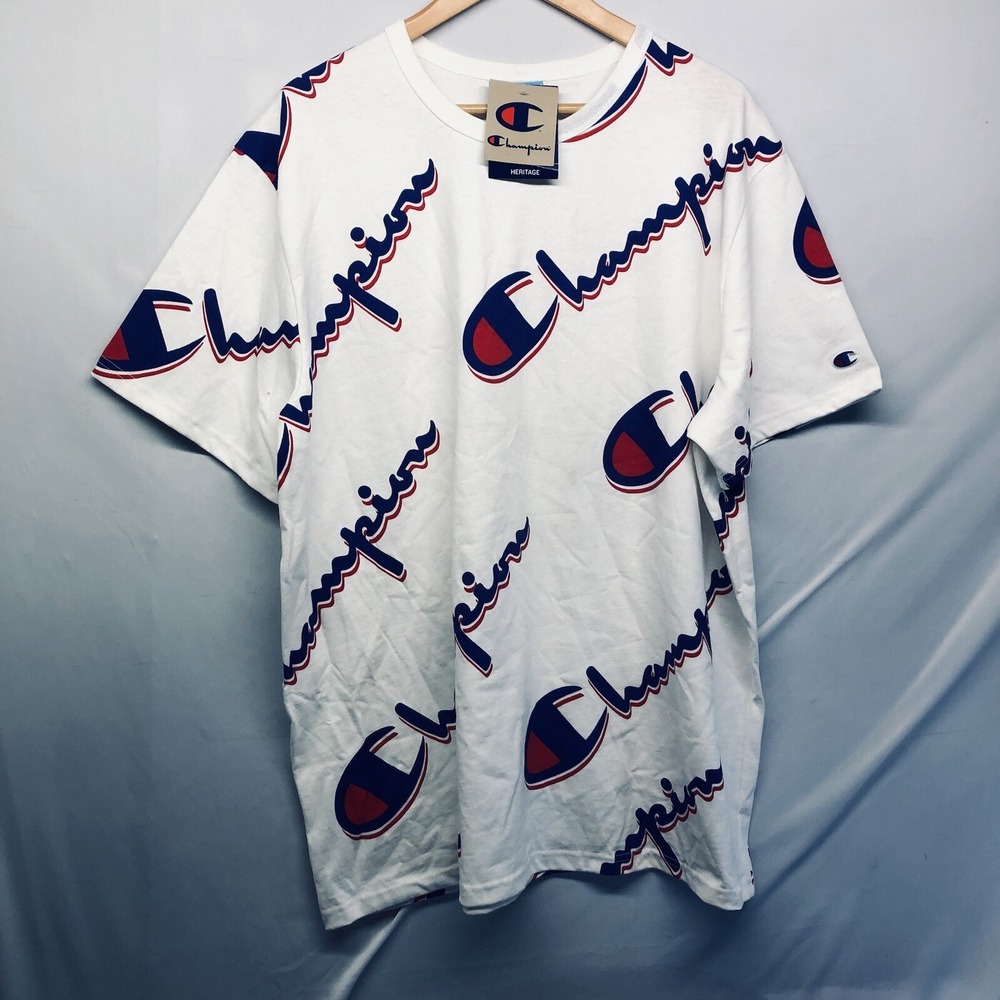 Vintage Champion White Short Sleeve T-Shirt Scoop Neck Big Logo Men's XXL Top